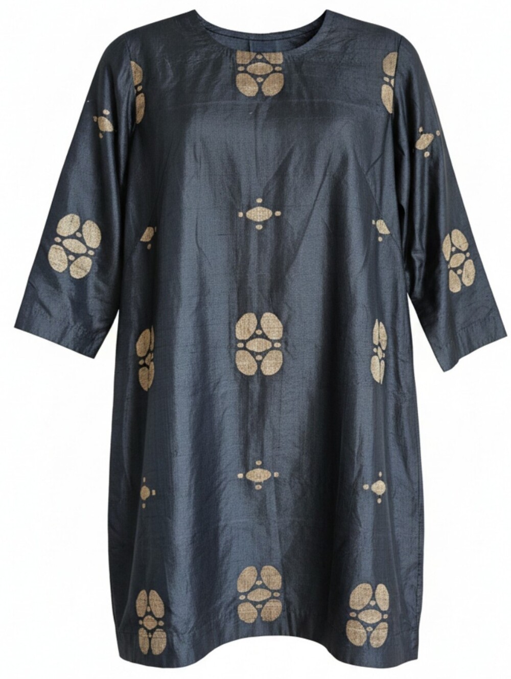 Vintage Handloom Raw Silk Kurta Tunic Dress Charcoal Grey Gold Zari Woven Medium